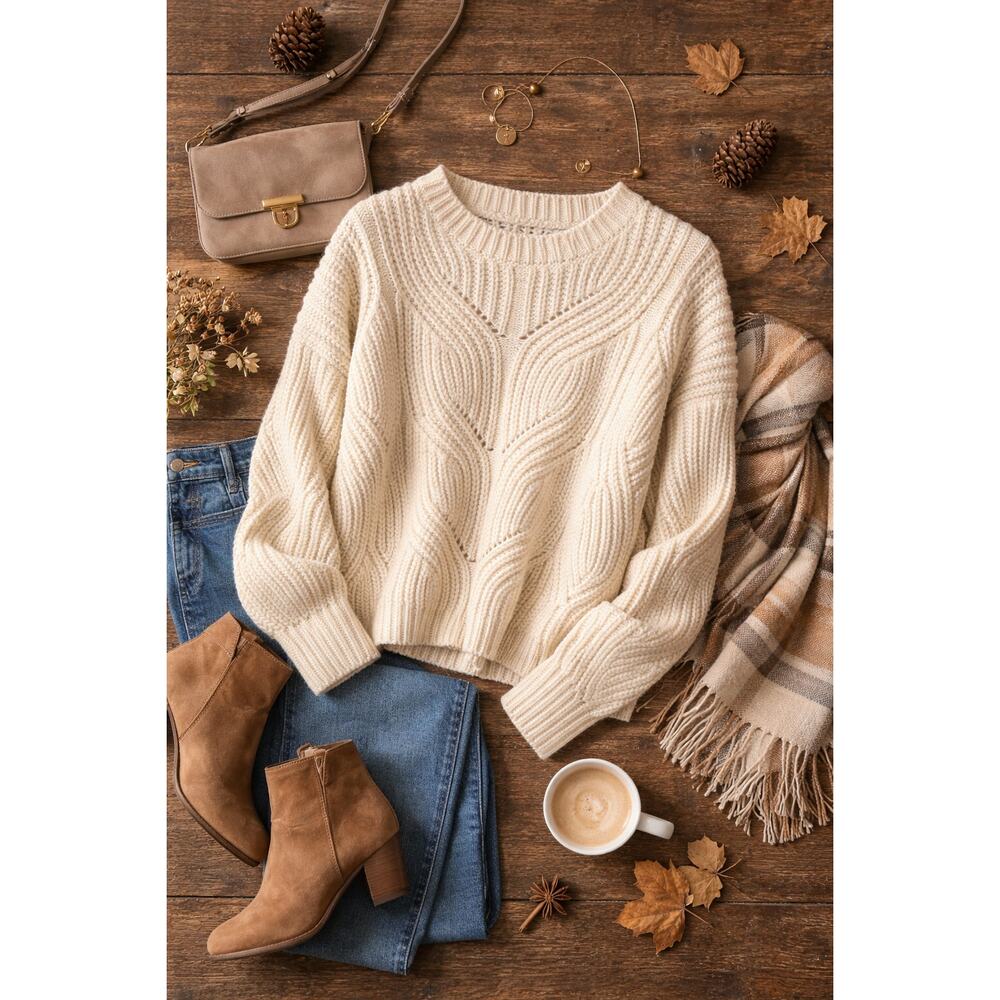 Mango Cable Knit Sweater Cream Chunky Cozy Cottage Core Knit Pullover Neutral S